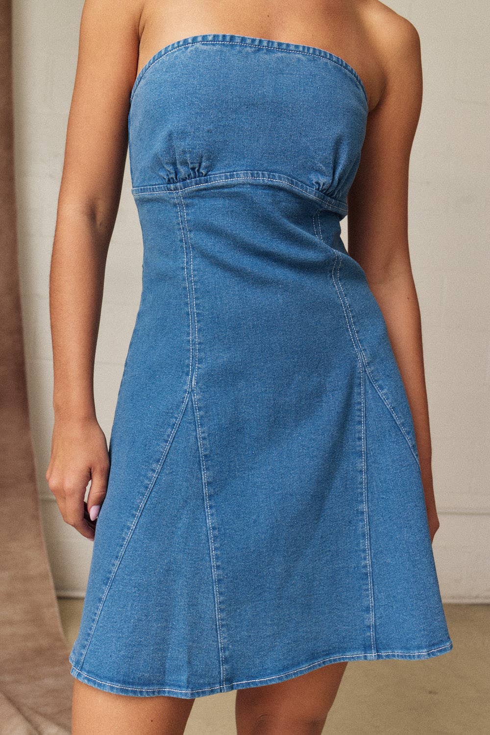 PD19530 Strapless Denim Tie Back Mini Dress
