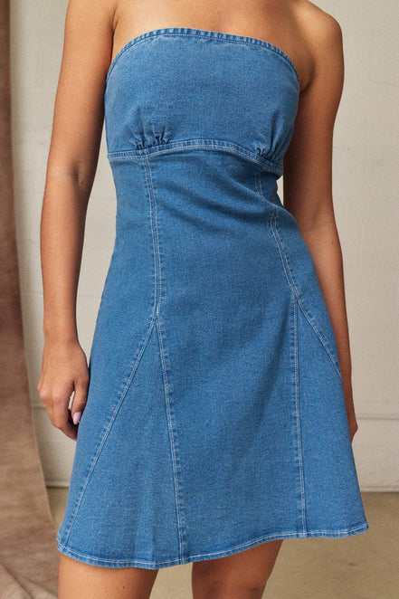 PD19530 Strapless Denim Tie Back Mini Dress