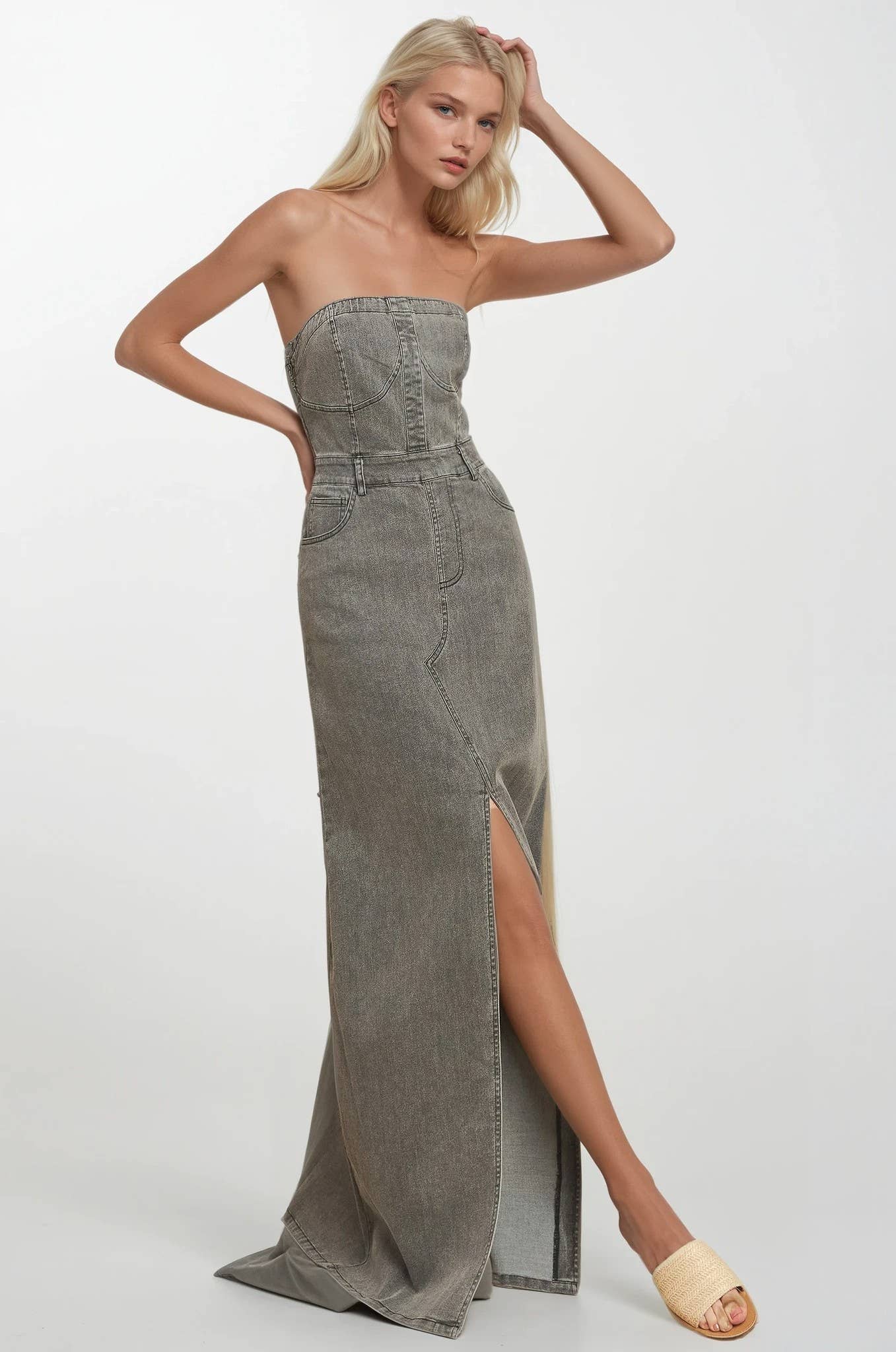 STRAPLESS DENIM MAXI DRESS 3135DIA DARK DEN