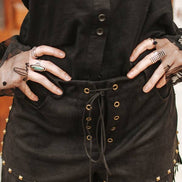 Black Suede Fringe Hem Vintage Gold Studded Eyelet Shorts