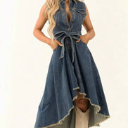 Retro Western Sleeveless Irregular Raw Hem Denim Dress