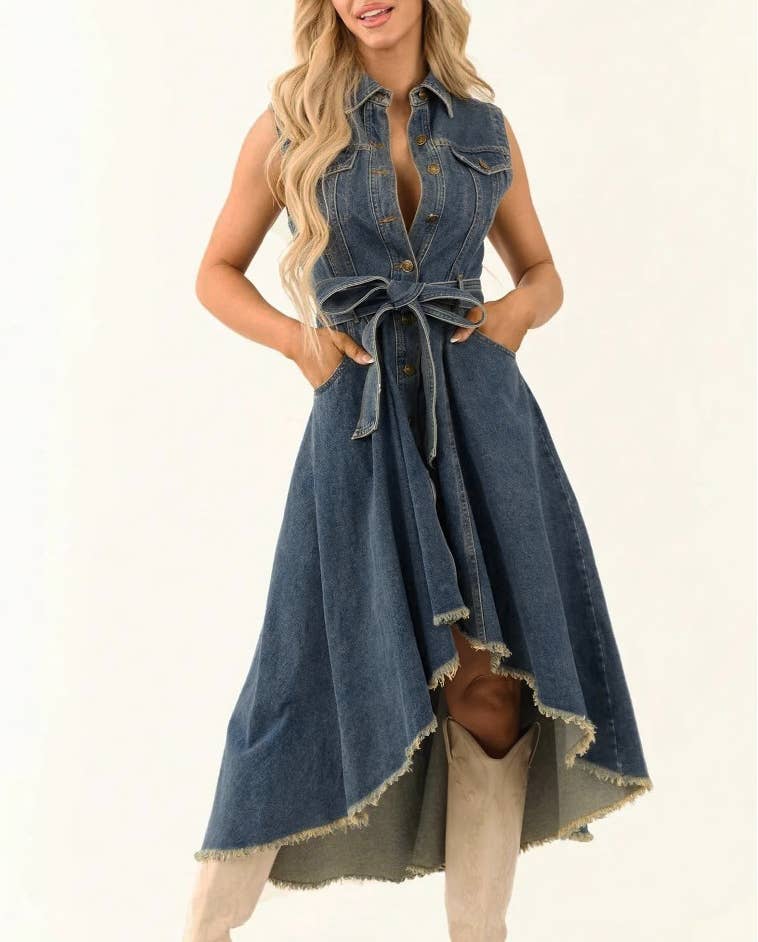 Retro Western Sleeveless Irregular Raw Hem Denim Dress