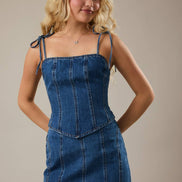 SHOULDER TIE CORSET DENIM TOP: DENIM / XS