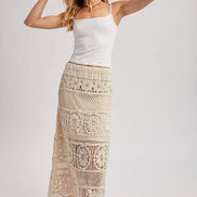 SHEER CROCHET KNIT MIDI SKIRT WITH LINING: NATURAL / L