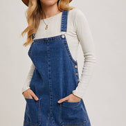 DENIM OVERALL MINI DRESS WITH POCKETS: MED.WASH / L