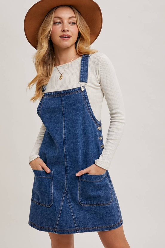 DENIM OVERALL MINI DRESS WITH POCKETS: MED.WASH / S