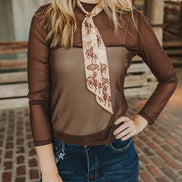 Plus Size Brown Mesh Ruched Mock Neck Long Sleeve Top