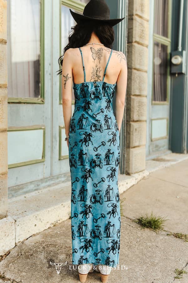 Teal Snaffle Western Printed Spaghetti Strap Dress: XL