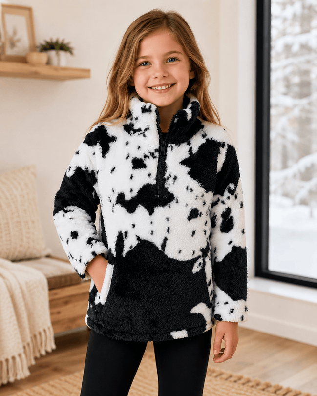 Cow Print Black White Sherpa Pullover Kids