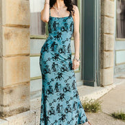 Teal Snaffle Western Printed Spaghetti Strap Dress: L