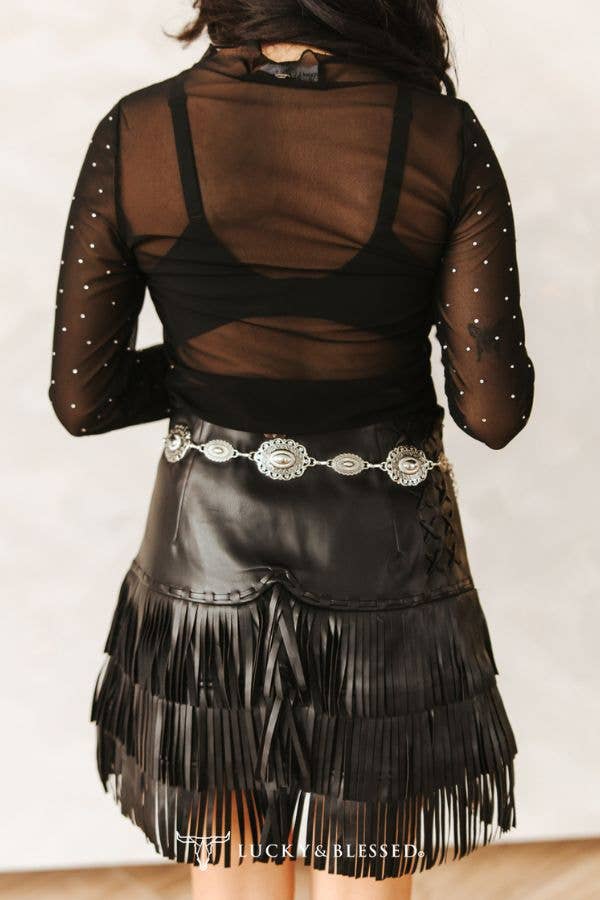 Black Long Sleeve Rhinestone Detail Mesh Top