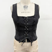 Lace-Up Corset Stretch Denim Top 2: Light Denim / L