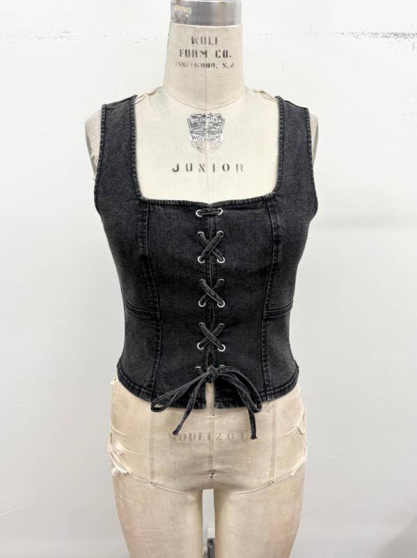 Lace-Up Corset Stretch Denim Top 2: Light Denim / M