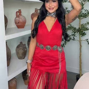 Red Buckstitch Stretch Suede Dress