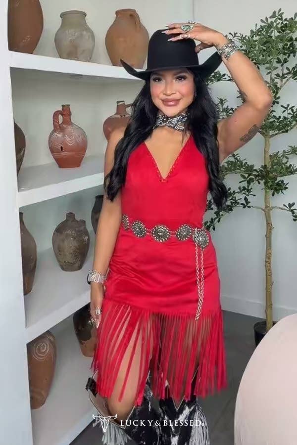 Red Buckstitch Stretch Suede Dress