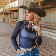 Navy Mesh Ruched Mock Neck Long Sleeve Top