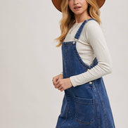 DENIM OVERALL MINI DRESS WITH POCKETS: MED.WASH / S