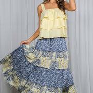 Patchwork Floral Print Bohemian-Inspired Maxi Skirt VS83203: Blue / M