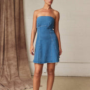PD19530 Strapless Denim Tie Back Mini Dress