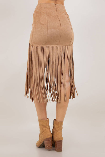 SIS1231A TAN FRINGED FAUX SUEDE SKIRT