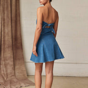 PD19530 Strapless Denim Tie Back Mini Dress