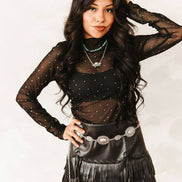 Black Long Sleeve Rhinestone Detail Mesh Top