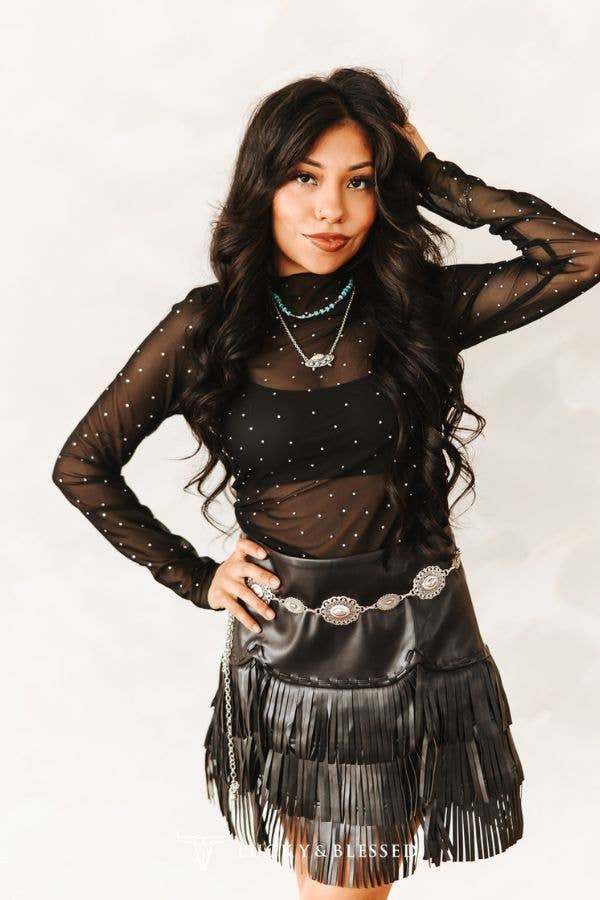 Black Long Sleeve Rhinestone Detail Mesh Top