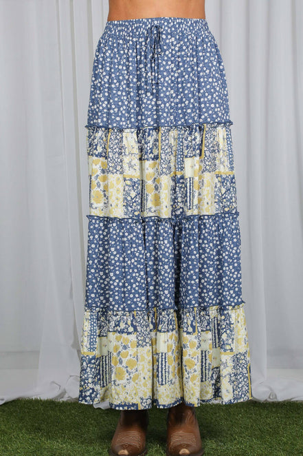 Patchwork Floral Print Bohemian-Inspired Maxi Skirt VS83203: Blue / L