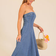 Strapless Stretch Denim Midi Dress: Medium Denim / S