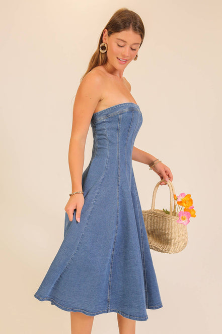 Strapless Stretch Denim Midi Dress: Medium Denim / S