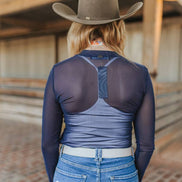 Navy Mesh Ruched Mock Neck Long Sleeve Top