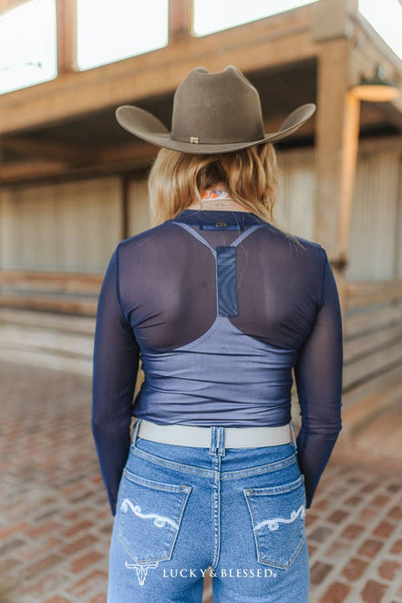 Navy Mesh Ruched Mock Neck Long Sleeve Top