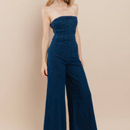 OFF SHOULDER WIDE LEG DENIM JUMPSUIT - 4406 DK DEN