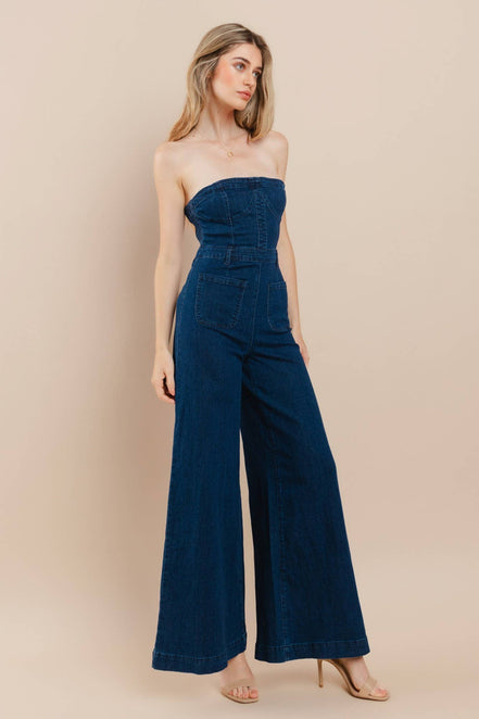 OFF SHOULDER WIDE LEG DENIM JUMPSUIT - 4406 DK DEN