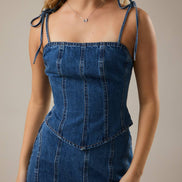 SHOULDER TIE CORSET DENIM TOP: DENIM / M