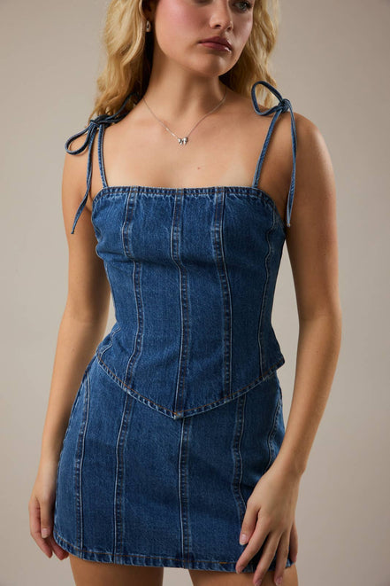 SHOULDER TIE CORSET DENIM TOP: DENIM / S
