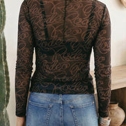 LDC Western Rodeo Printed Mock Neck Long Sleeve Mesh Top