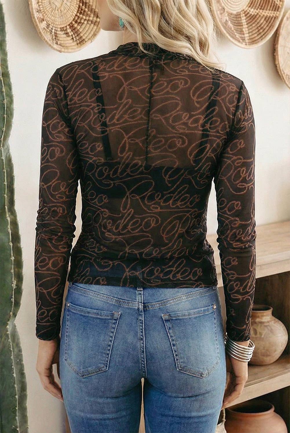 LDC Western Rodeo Printed Mock Neck Long Sleeve Mesh Top