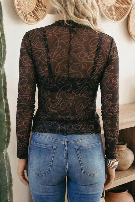 LDC Western Rodeo Printed Mock Neck Long Sleeve Mesh Top