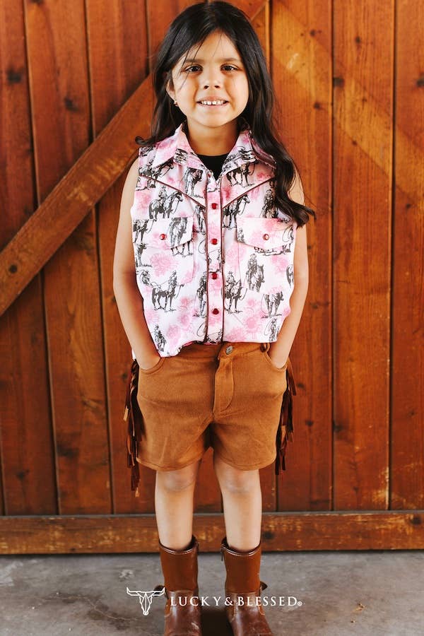Girls Camel Stretch Suede High Rise Side Fringe Shorts (3in)