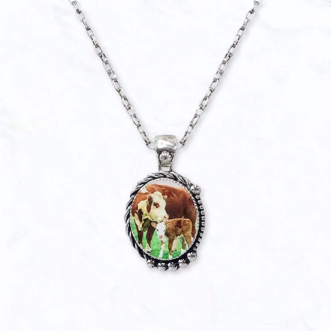 Western Cow & Calf Print Pendant Necklace