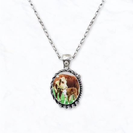 Western Cow & Calf Print Pendant Necklace