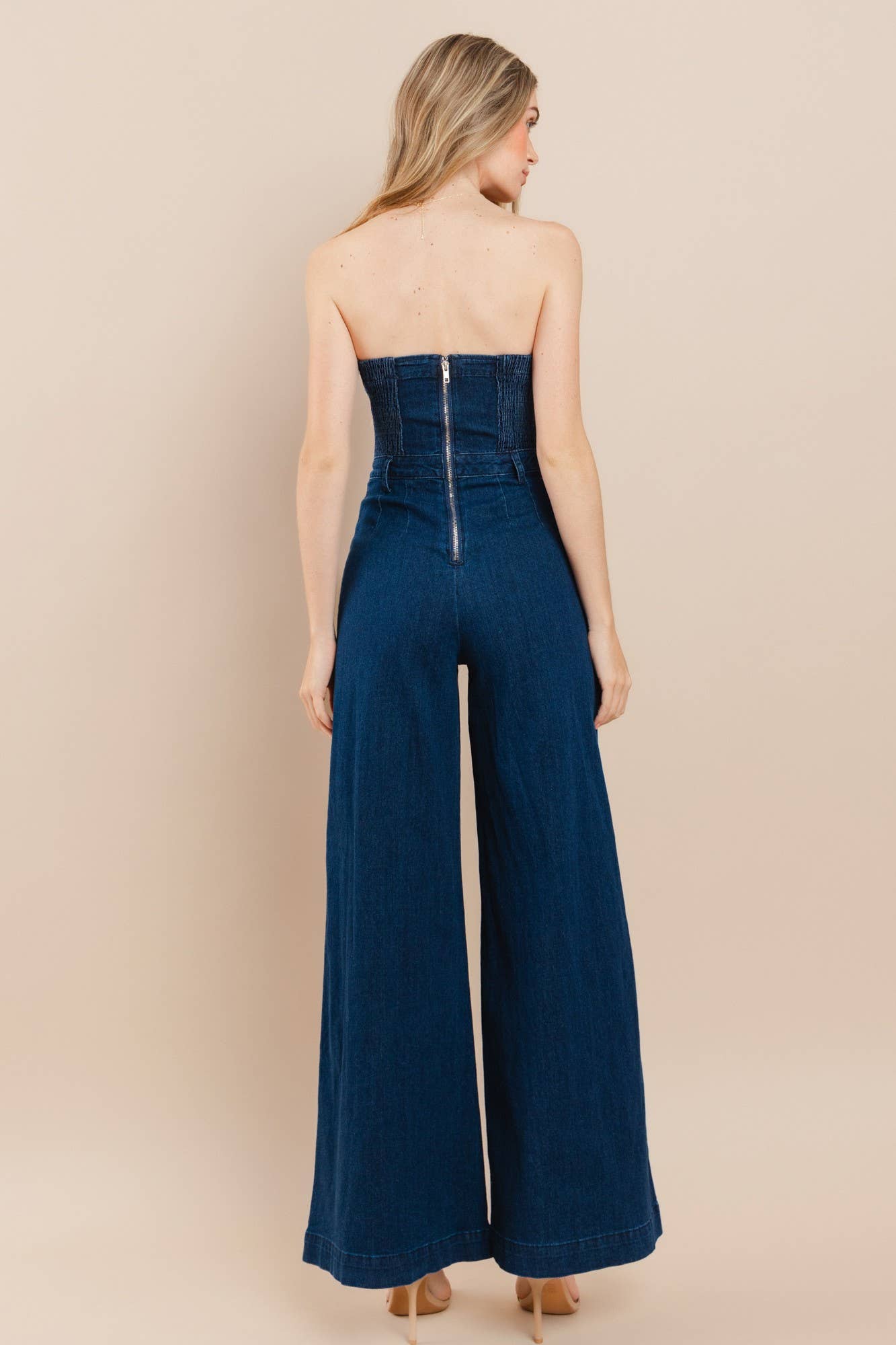 OFF SHOULDER WIDE LEG DENIM JUMPSUIT - 4406 DK DEN