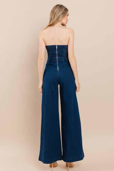 OFF SHOULDER WIDE LEG DENIM JUMPSUIT - 4406 DK DEN
