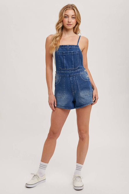 BOW-TIE DENIM OVERALL SHORTS: MED.WASH / S