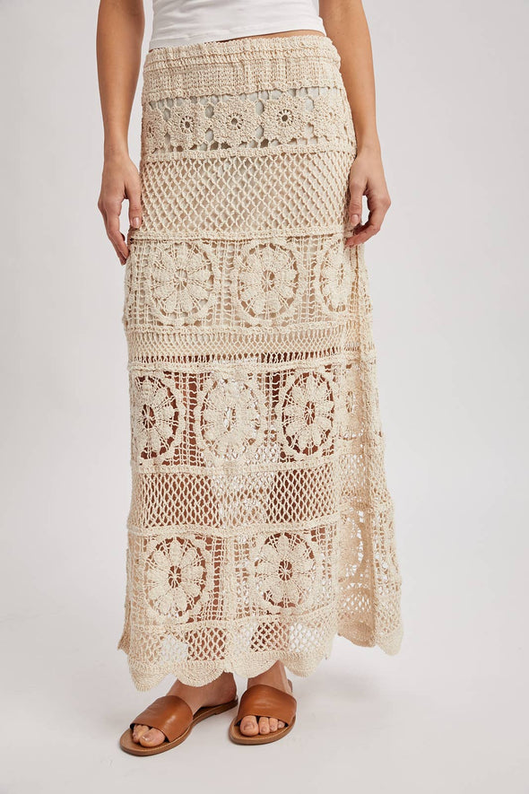SHEER CROCHET KNIT MIDI SKIRT WITH LINING: NATURAL / S