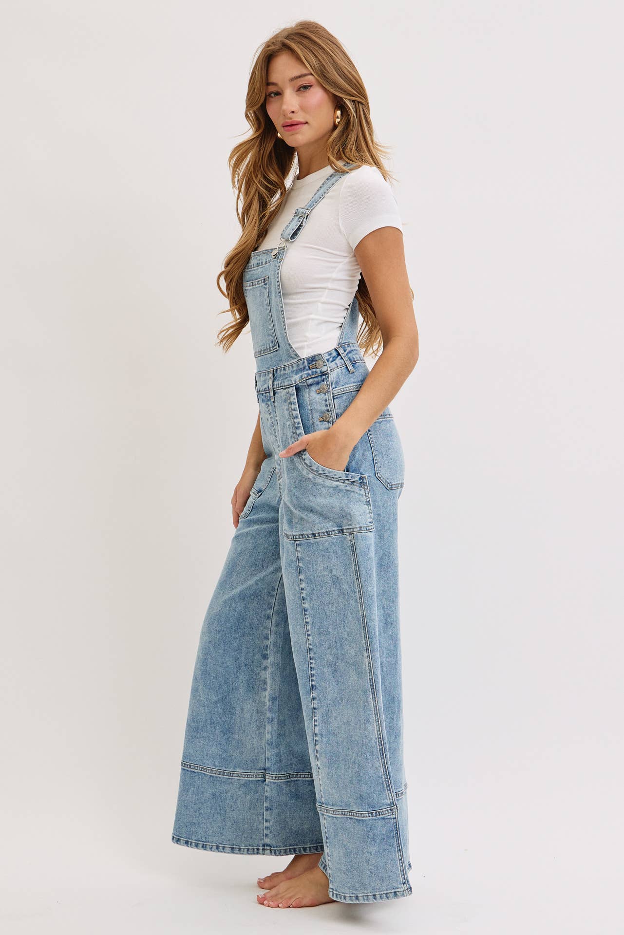 WIDE-LEG DENIM OVERALL JUMPSUIT: DENIM BLUE / Contemporary / S