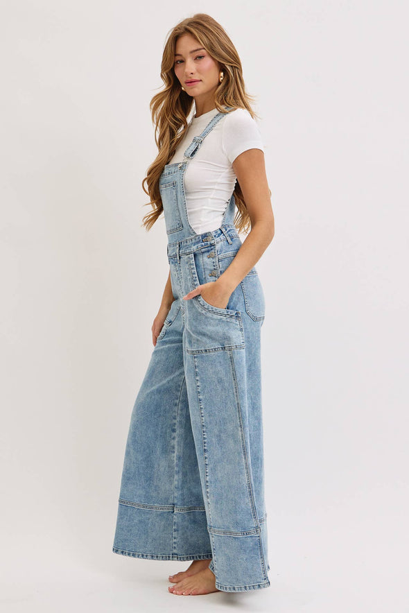 WIDE-LEG DENIM OVERALL JUMPSUIT: DENIM BLUE / Contemporary / S
