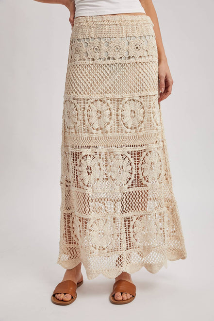 SHEER CROCHET KNIT MIDI SKIRT WITH LINING: NATURAL / L