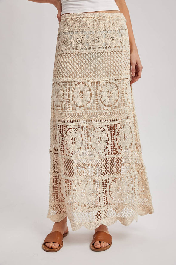 SHEER CROCHET KNIT MIDI SKIRT WITH LINING: NATURAL / S